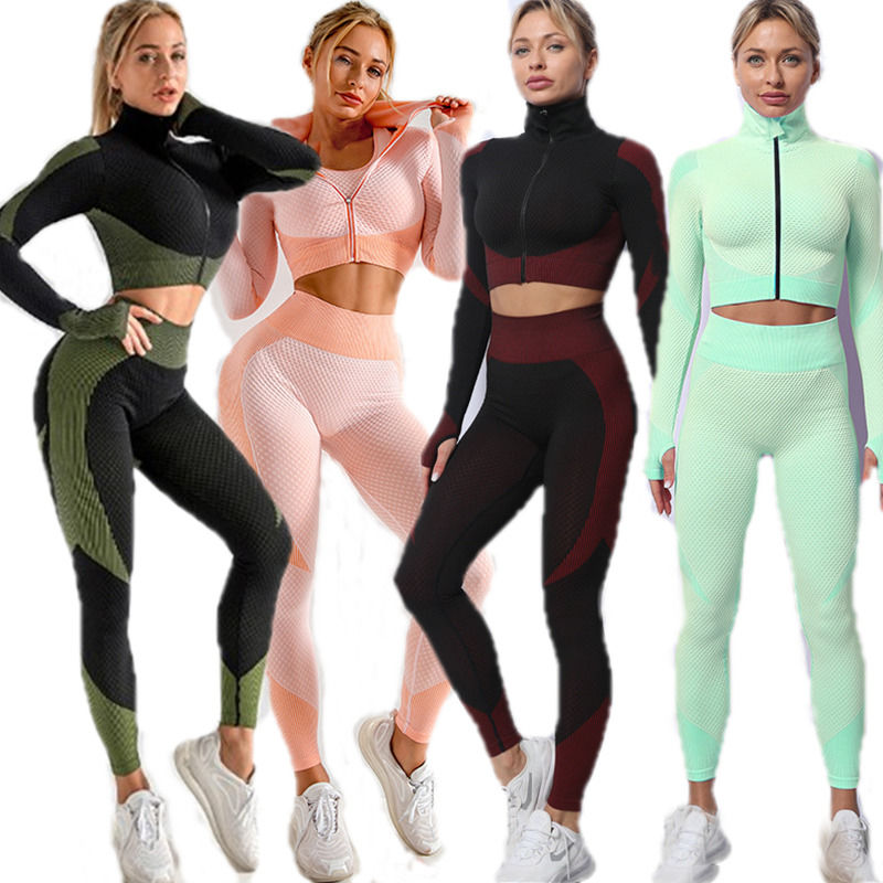 2021 Nuevo antibacteriano 3 piezas Set Correr Correr Ropa deportiva chaqueta Top de tanque Mujeres Skninny Y Pantalones Yoga Usar
