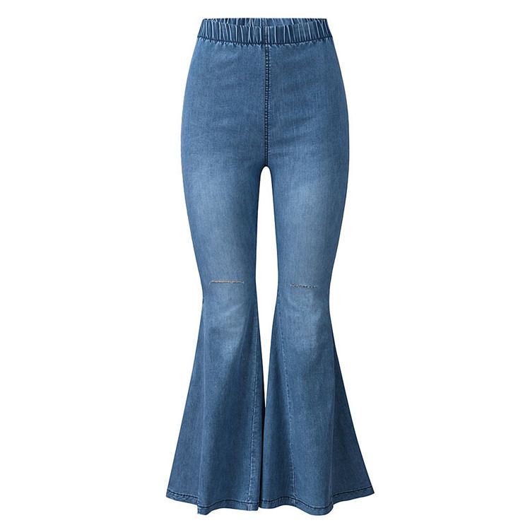 Prueba de desvanecimiento de color cintura alta cintura elástica rodilla rasgada campana fondo mujeres jeans pantalones de lujo