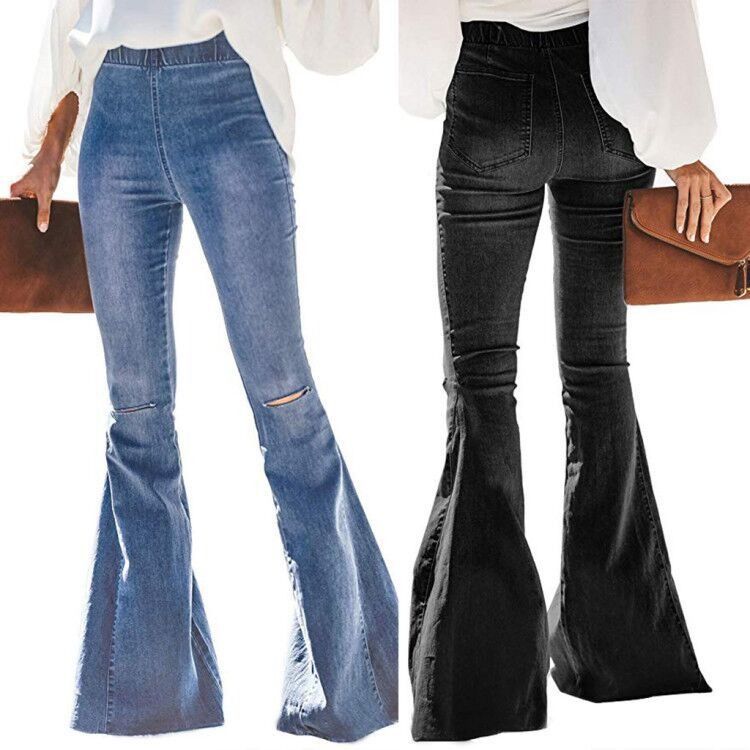 Prueba de desvanecimiento de color cintura alta cintura elástica rodilla rasgada campana fondo mujeres jeans pantalones de lujo