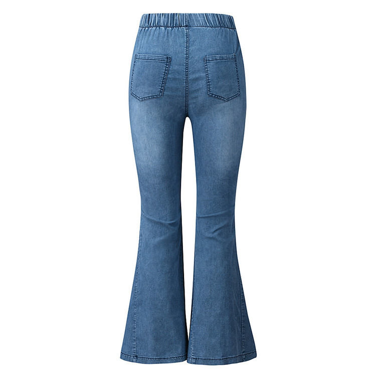 Prueba de desvanecimiento de color cintura alta cintura elástica rodilla rasgada campana fondo mujeres jeans pantalones de lujo