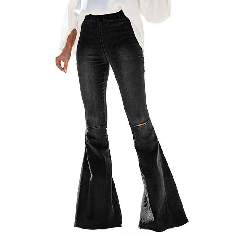 Prueba de desvanecimiento de color cintura alta cintura elástica rodilla rasgada campana fondo mujeres jeans pantalones de lujo