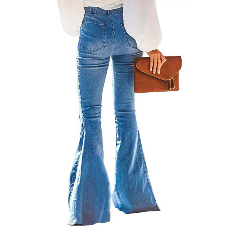 Prueba de desvanecimiento de color cintura alta cintura elástica rodilla rasgada campana fondo mujeres jeans pantalones de lujo