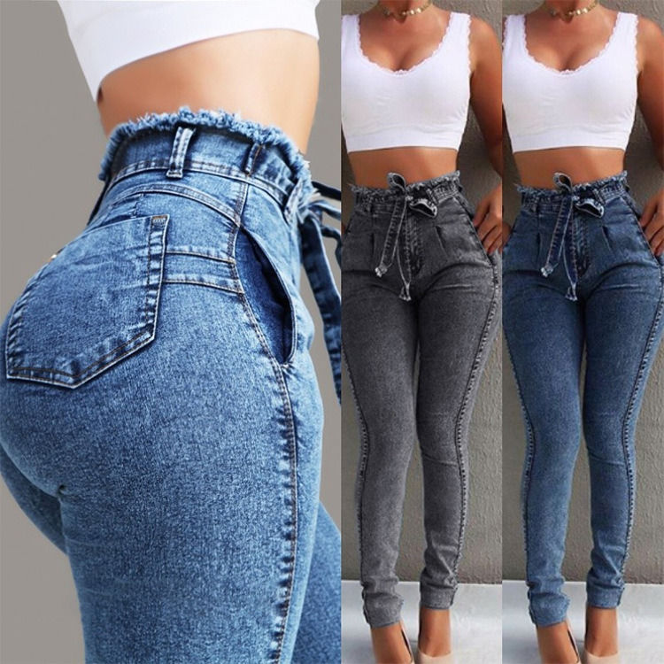 Cinturón Tassel Prueba de color de desvanecimiento de alta calidad Cinturón de alta calidad Jeans de lápiz delgado Mujer Jeans elásticos