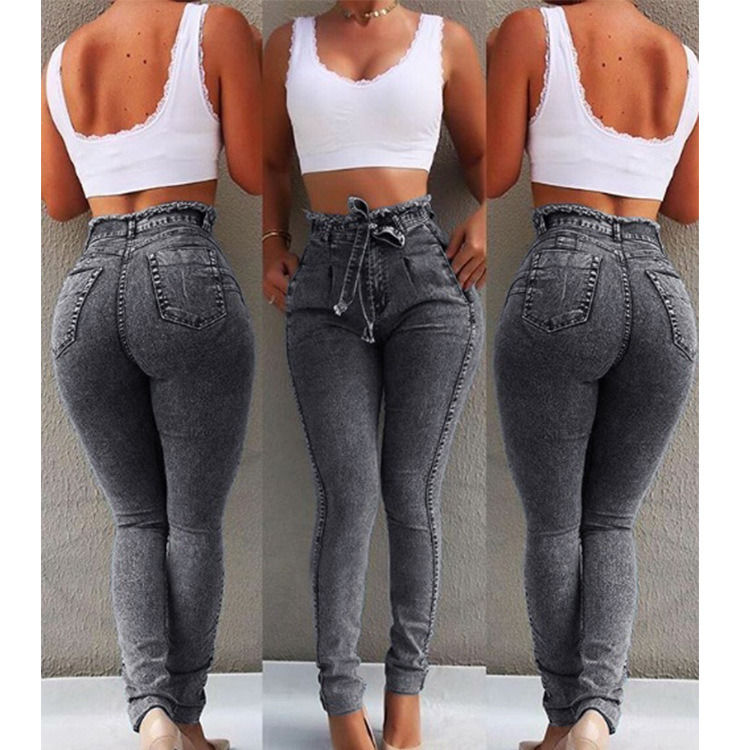 Cinturón Tassel Prueba de color de desvanecimiento de alta calidad Cinturón de alta calidad Jeans de lápiz delgado Mujer Jeans elásticos