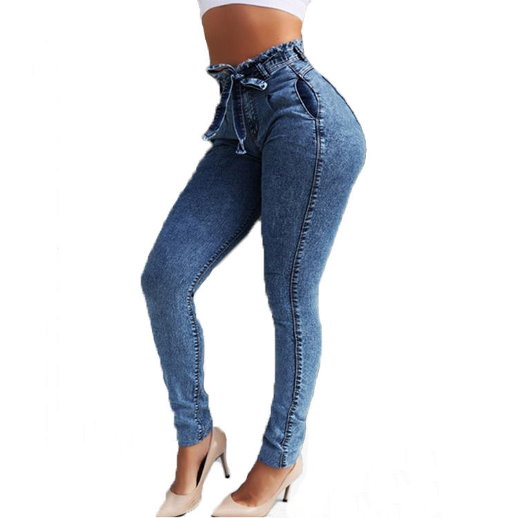 Cinturón Tassel Prueba de color de desvanecimiento de alta calidad Cinturón de alta calidad Jeans de lápiz delgado Mujer Jeans elásticos
