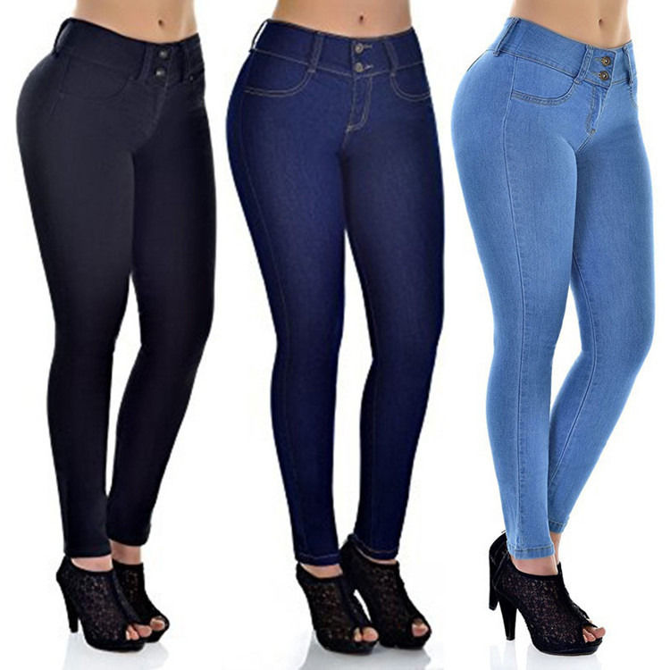 Prueba de desvanecimiento de color de buena calidad Jeans de estiramiento de la cintura alta Mujer sólida Jeans de lápiz delgado