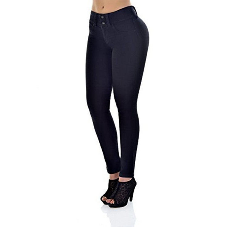 Prueba de desvanecimiento de color de buena calidad Jeans de estiramiento de la cintura alta Mujer sólida Jeans de lápiz delgado