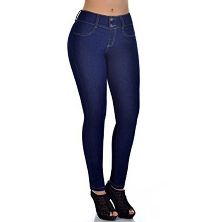 Prueba de desvanecimiento de color de buena calidad Jeans de estiramiento de la cintura alta Mujer sólida Jeans de lápiz delgado