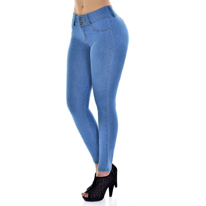 Prueba de desvanecimiento de color de buena calidad Jeans de estiramiento de la cintura alta Mujer sólida Jeans de lápiz delgado