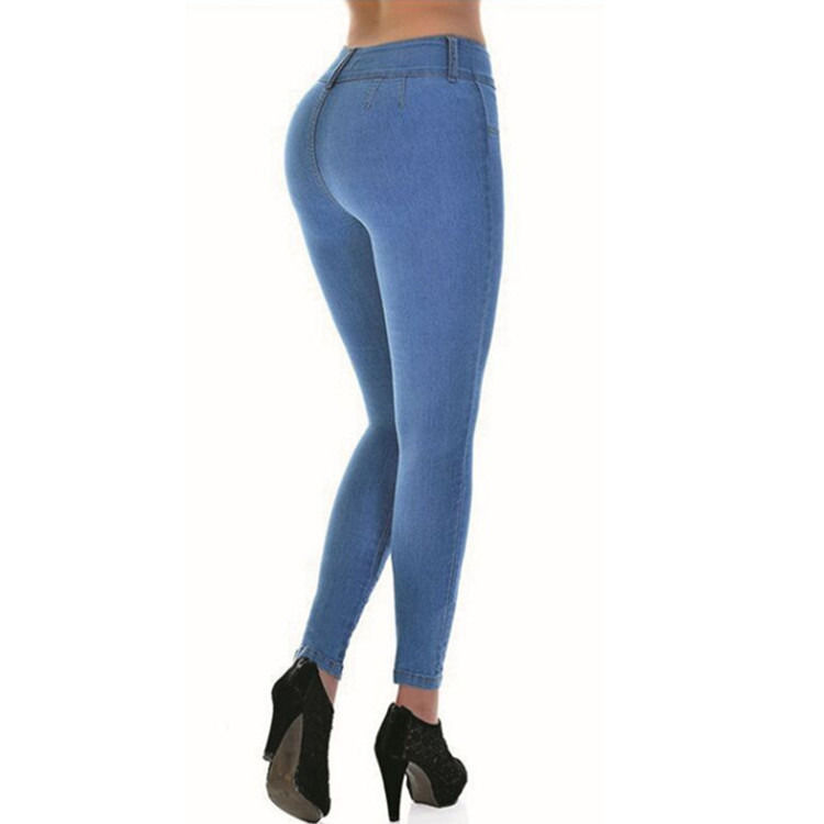 Prueba de desvanecimiento de color de buena calidad Jeans de estiramiento de la cintura alta Mujer sólida Jeans de lápiz delgado