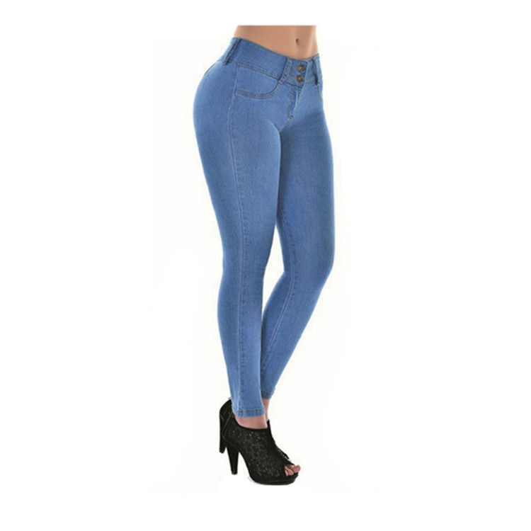 Prueba de desvanecimiento de color de buena calidad Jeans de estiramiento de la cintura alta Mujer sólida Jeans de lápiz delgado