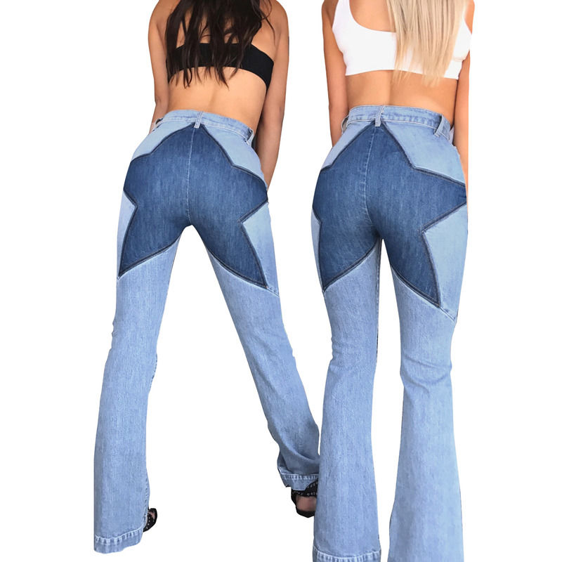 Prueba de desvanecimiento de color de buena calidad de parcheo de la cadera de la estrella de los pantalones vaqueros costura estiramiento pantalones desbordados mujeres pantalones vaqueros largos