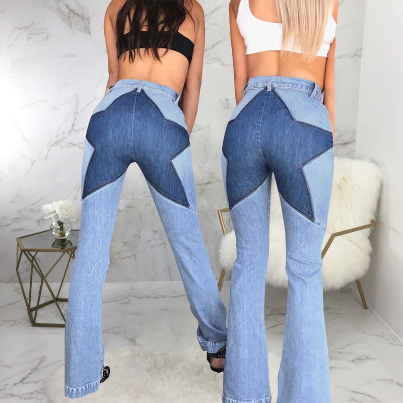 Prueba de desvanecimiento de color de buena calidad de parcheo de la cadera de la estrella de los pantalones vaqueros costura estiramiento pantalones desbordados mujeres pantalones vaqueros largos