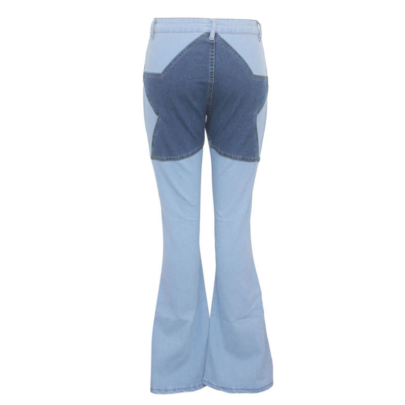 Prueba de desvanecimiento de color de buena calidad de parcheo de la cadera de la estrella de los pantalones vaqueros costura estiramiento pantalones desbordados mujeres pantalones vaqueros largos