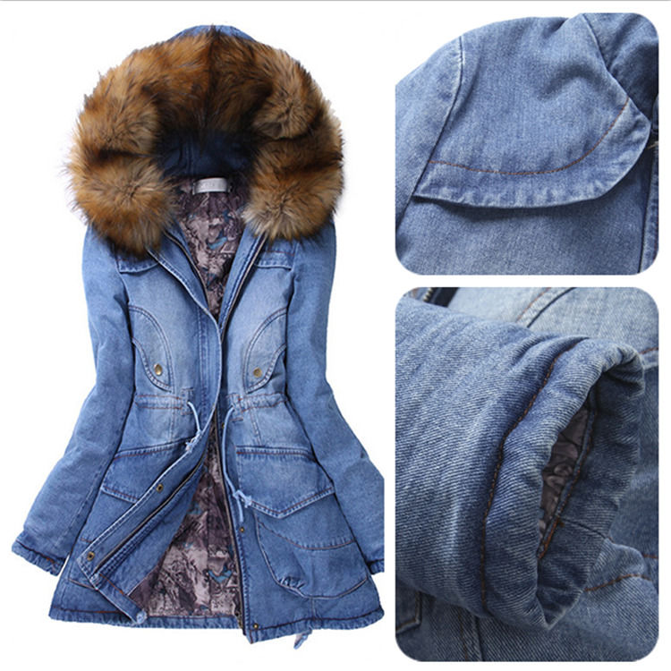 Collar de piel 2020 chaqueta denim invernal impermeable algodón grueso con almohadilla vaqueros con capucha abrigo mujeres
