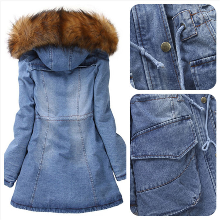 Collar de piel 2020 chaqueta denim invernal impermeable algodón grueso con almohadilla vaqueros con capucha abrigo mujeres