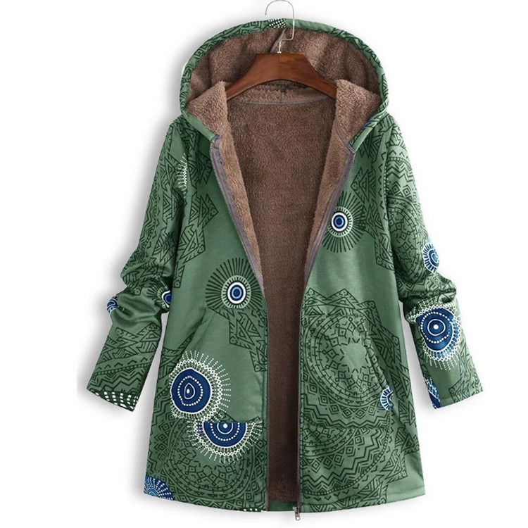 Fábrica mayorista impermeable mujer abrigo de invierno de bolsillo con capucha impresa chaqueta mujer de edad de calidad de la moda lana
