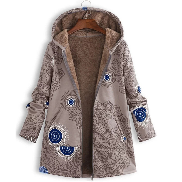 Fábrica mayorista impermeable mujer abrigo de invierno de bolsillo con capucha impresa chaqueta mujer de edad de calidad de la moda lana