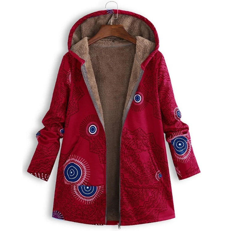 Fábrica mayorista impermeable mujer abrigo de invierno de bolsillo con capucha impresa chaqueta mujer de edad de calidad de la moda lana