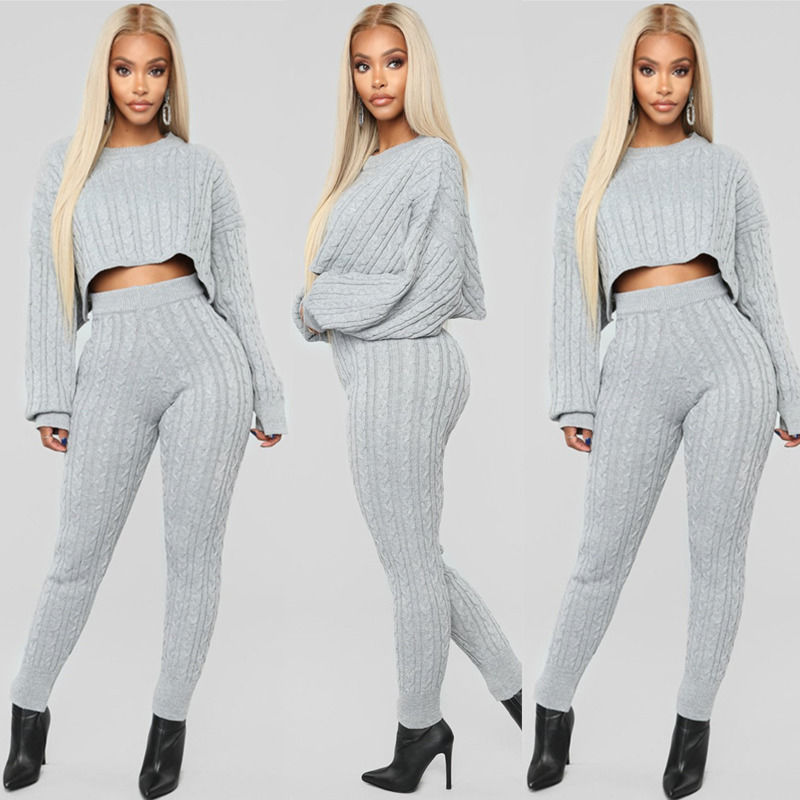 Invierno 2020 ropa de dos piezas anti-encogimiento conjunto suéter sólido camiseta y pantalón conjunto suéter caliente