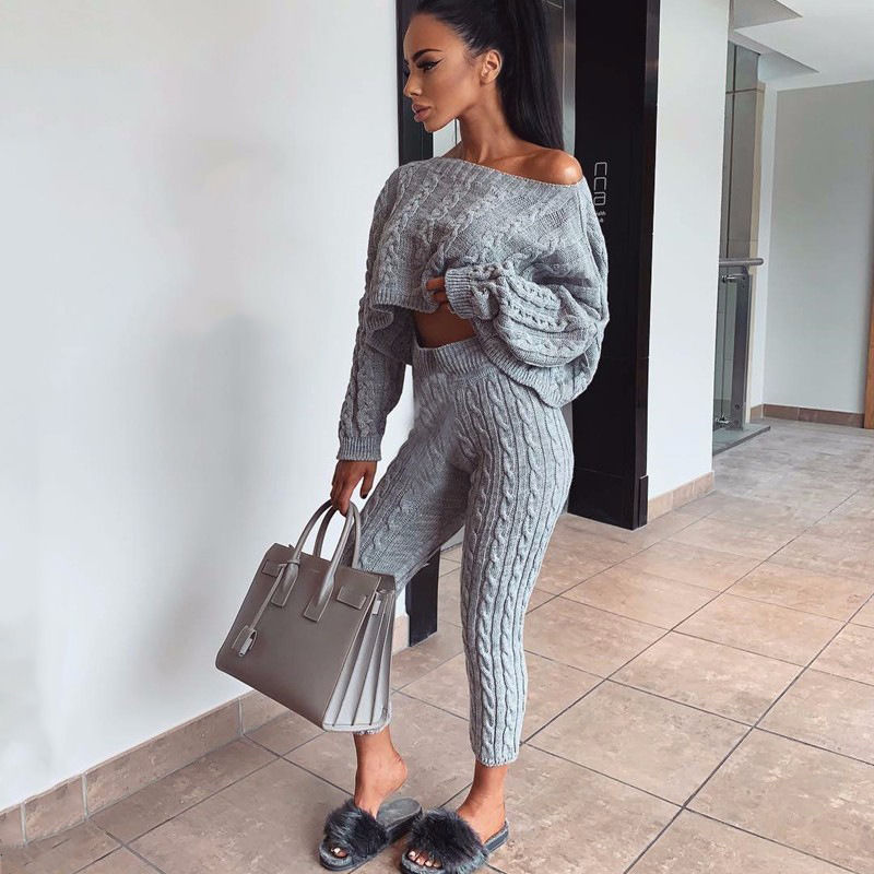 Invierno 2020 ropa de dos piezas anti-encogimiento conjunto suéter sólido camiseta y pantalón conjunto suéter caliente