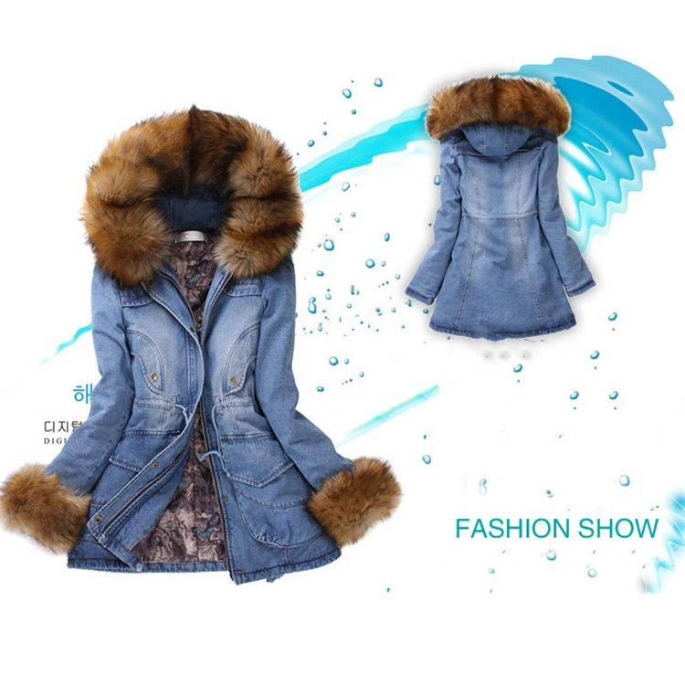 Moda collar de piel de algodón grueso con almohadilla chaqueta de vaqueros de invierno pantalones vaqueros con capucha abrigo impermeable mujeres