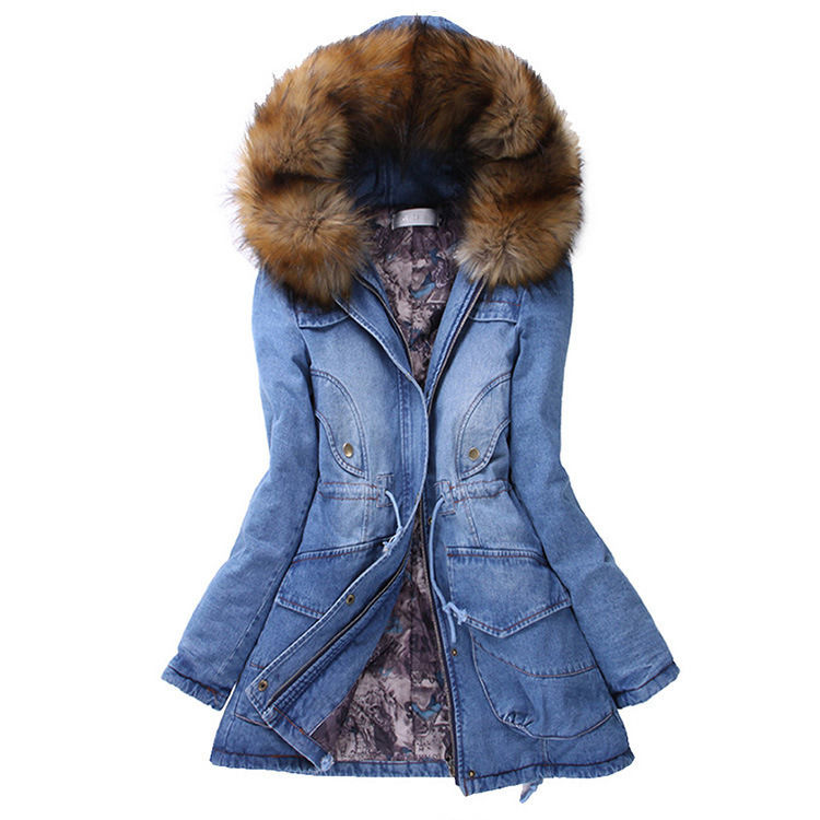 Moda collar de piel de algodón grueso con almohadilla chaqueta de vaqueros de invierno pantalones vaqueros con capucha abrigo impermeable mujeres