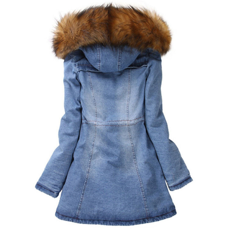 Moda collar de piel de algodón grueso con almohadilla chaqueta de vaqueros de invierno pantalones vaqueros con capucha abrigo impermeable mujeres