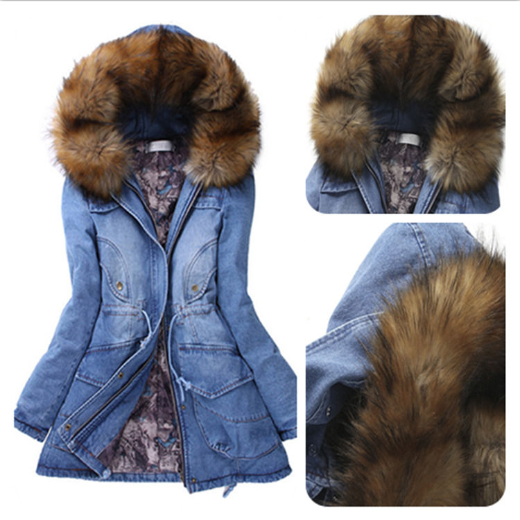 Moda collar de piel de algodón grueso con almohadilla chaqueta de vaqueros de invierno pantalones vaqueros con capucha abrigo impermeable mujeres