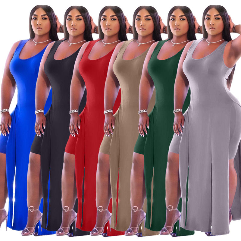 2021 NUEVO Antiestático Set de dos piezas Vestido del tanque de separación elástico Vestido de verano Shorts Vestido casual sin mangas