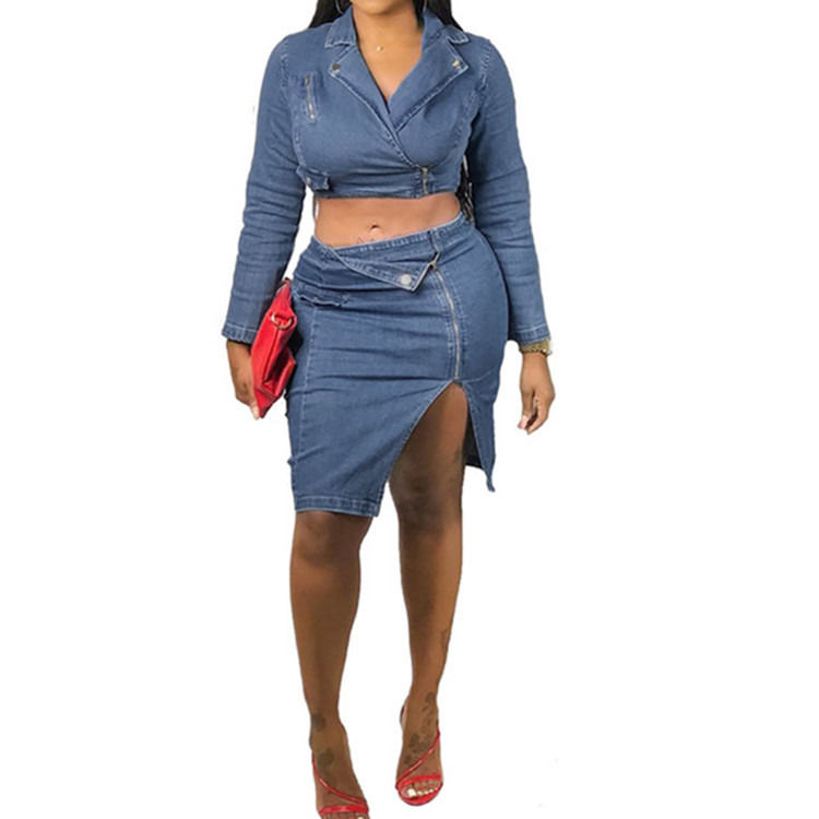 Estilo de moda y talla sexy de denim con la falda de rejilla con el conjunto superior de dos piezas de conjunto de la falda de rejilla casual