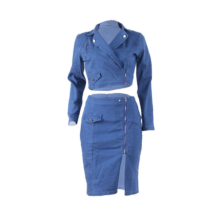 Estilo de moda y talla sexy de denim con la falda de rejilla con el conjunto superior de dos piezas de conjunto de la falda de rejilla casual