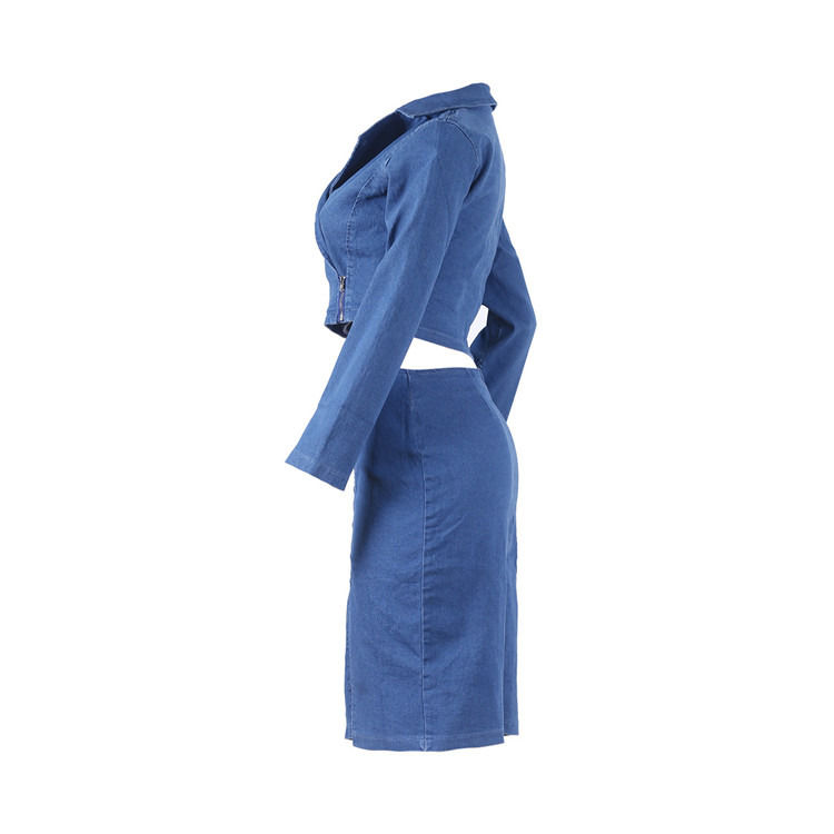 Estilo de moda y talla sexy de denim con la falda de rejilla con el conjunto superior de dos piezas de conjunto de la falda de rejilla casual