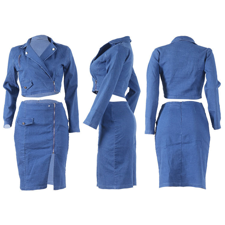 Estilo de moda y talla sexy de denim con la falda de rejilla con el conjunto superior de dos piezas de conjunto de la falda de rejilla casual