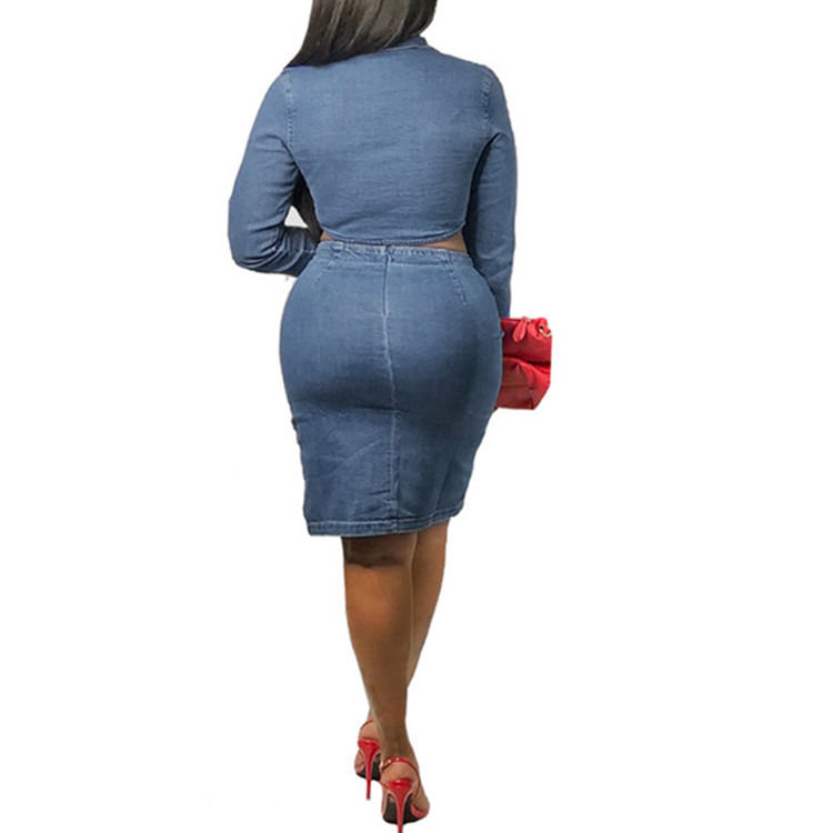 Estilo de moda y talla sexy de denim con la falda de rejilla con el conjunto superior de dos piezas de conjunto de la falda de rejilla casual