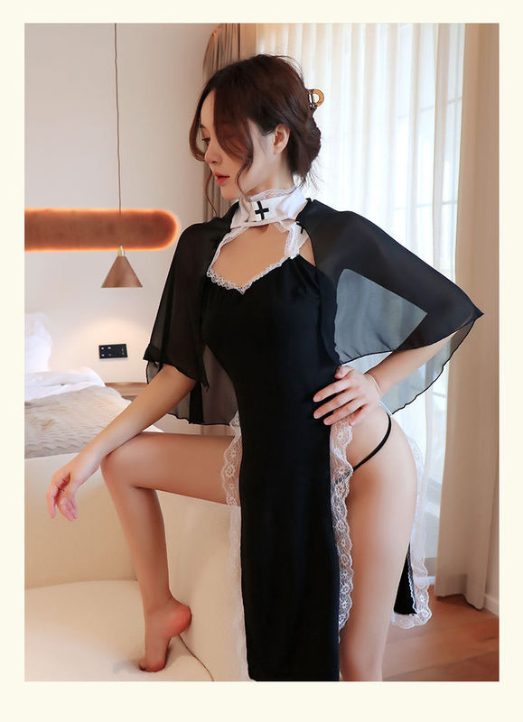 Precio de fábrica Más tamaño Trajes de monja para mujeres Traje de monja Traje de sacerdote negro Sexy Trajes de Halloween